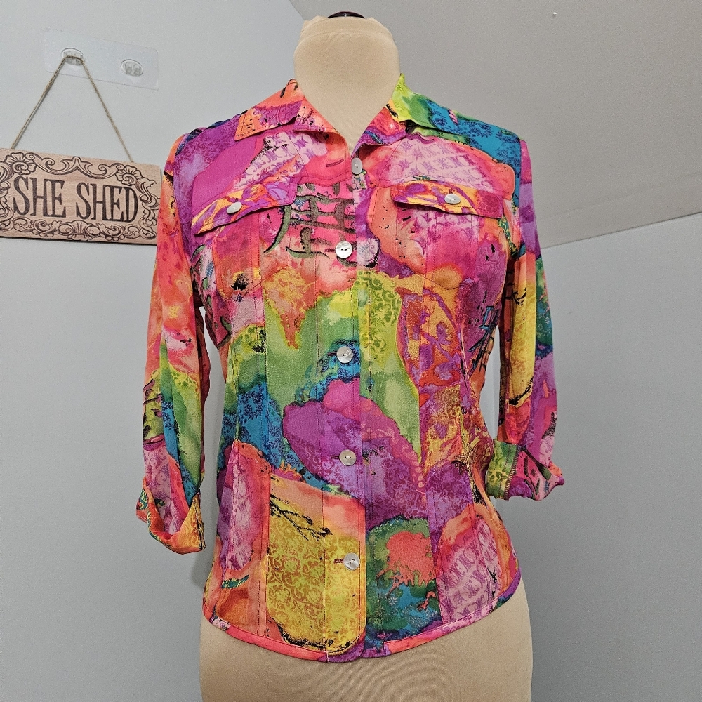 Chico’s Bright Silj Multicolor Button Front Blous… - image 1